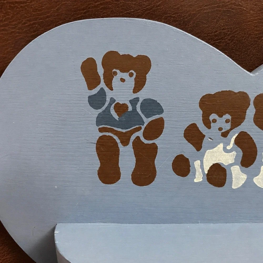 Vintage Heart Shaped Wood Wall Shelf Blue Hand Painted Teddy Bears Nursery Decor